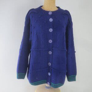 Vtg Loose Threads Australia Womens Large Purple Teal Wool Bobble Cable Cardigan